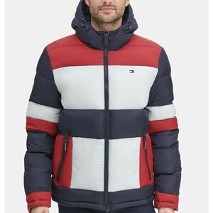 Tommy Hilfiger Men's Colorblocked Hooded Puffer Jacket - Red/Navy/White